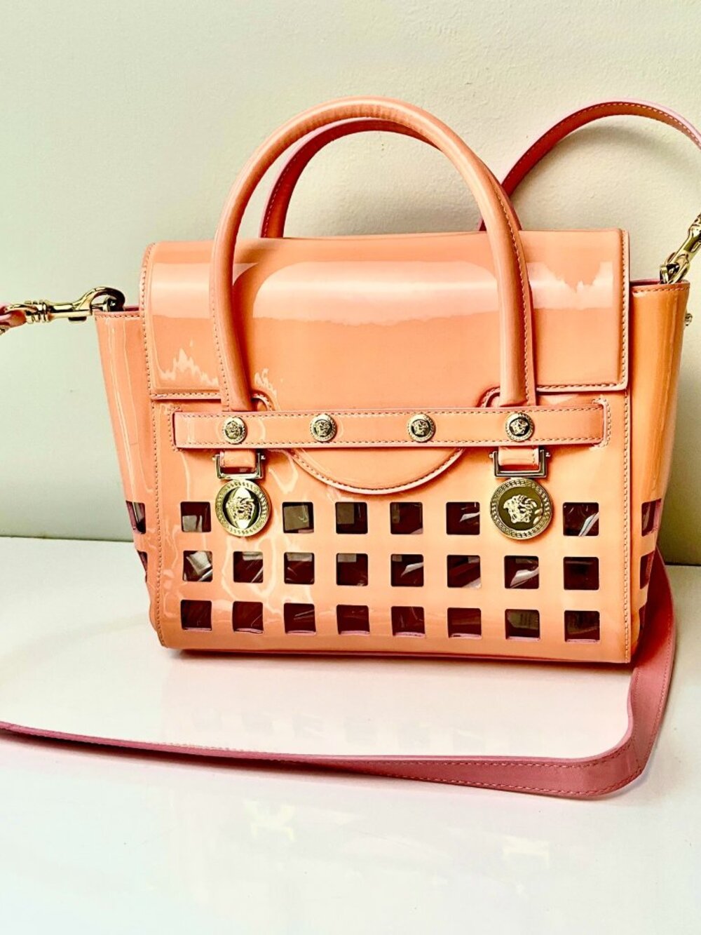 Versace Patent leather Medusa Top Handle Bag Pink Cutout Satchel - Picture 3 of 11